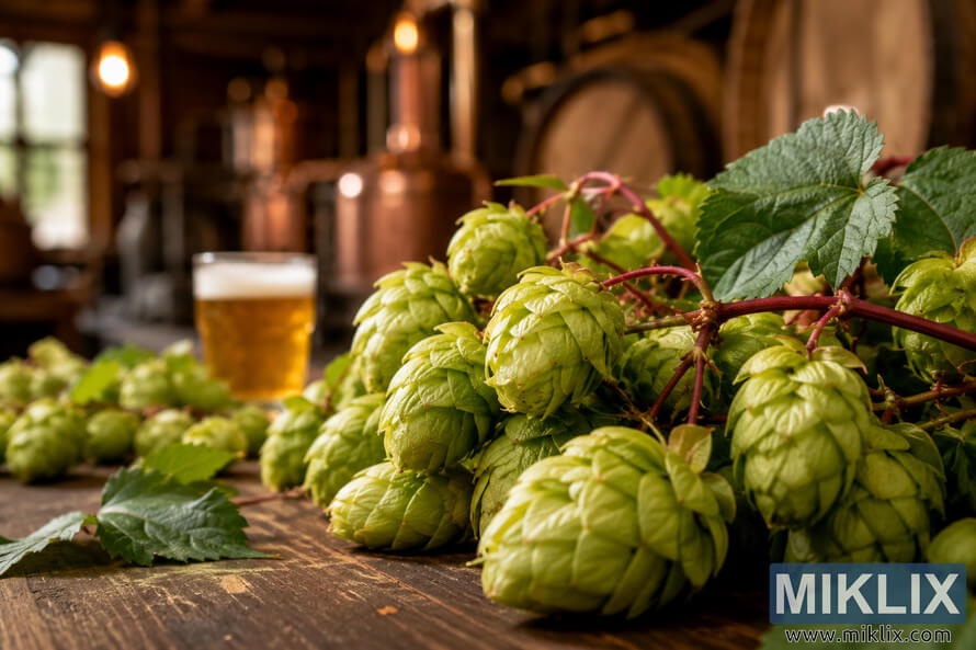 A close-up of vibrant green red-stem hops resting on a rustic wooden table inside a warmly lit brewery. A small glass of golden beer, scattered hop leaves, wooden barrels, and softly blurred brewing equipment create a cozy craft brewing atmosphere with a shallow depth of field.