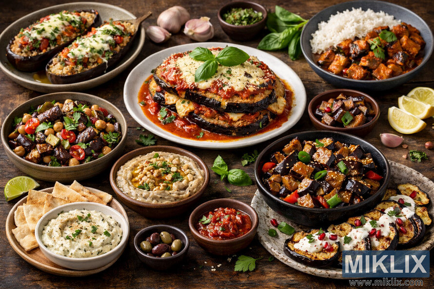 A high-resolution landscape photo showing various eggplant dishes on a rustic wooden table, including roasted salad, baba ghanoush, eggplant parmesan, stir-fried eggplant, grilled slices with yogurt sauce, stuffed eggplants, and curry with rice, surrounded by herbs and garnishes. A high-resolution landscape photo showing various eggplant dishes on a rustic wooden table, including roasted salad, baba ghanoush, eggplant parmesan, stir-fried eggplant, grilled slices with yogurt sauce, stuffed eggplants, and curry with rice, surrounded by herbs and garnishes.