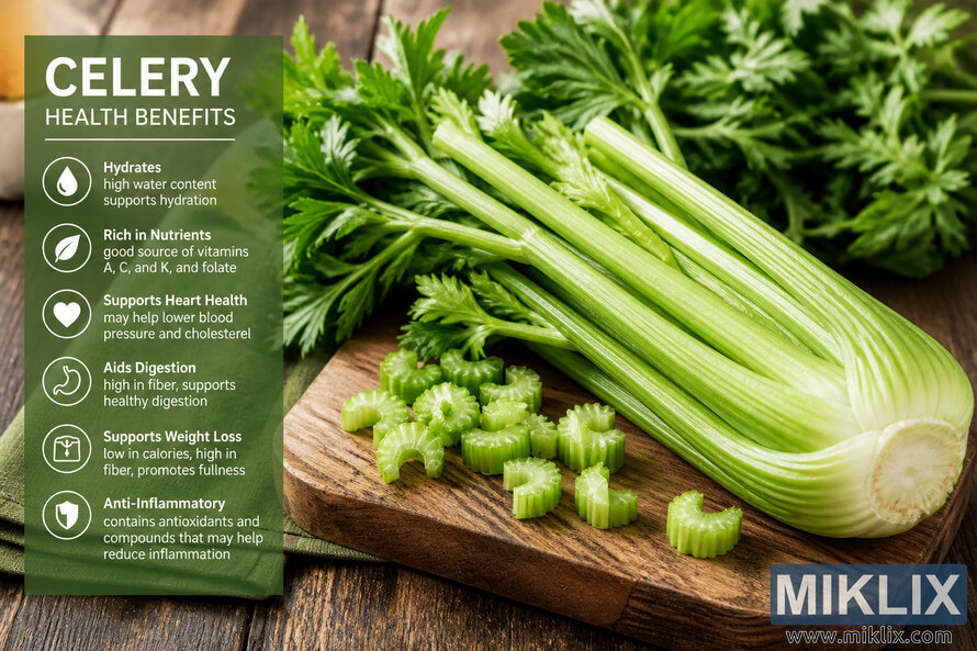Fresh green celery stalks with leafy tops arranged on a rustic wooden cutting board alongside sliced celery pieces and an infographic listing key health benefits including hydration, digestion support, heart health, nutrients, weight management, and anti-inflammatory properties.
