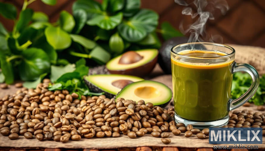VruÄa zelena kava sa svjeÅ¾im zrnima i zdravim biljnim sastojcima na drvetu.
