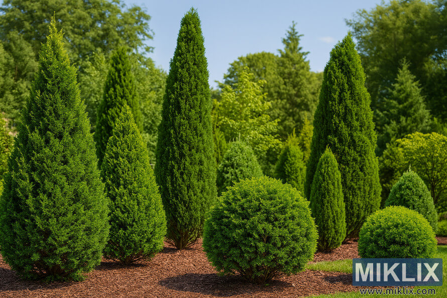 Divers cultivars dâArborvitae dans un jardin paysager aux formes sphÃ©riques, coniques et colonnaires sous un ciel bleu clair