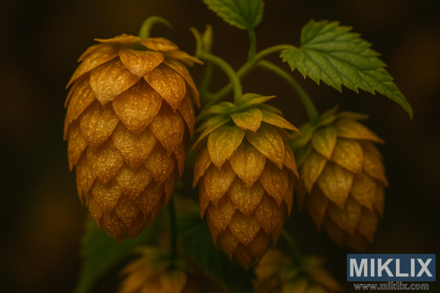 Um close-up de cones dourados de salto Super Pride com glÃ¢ndulas de lupulina resinosas brilhando sob luz quente e difusa.