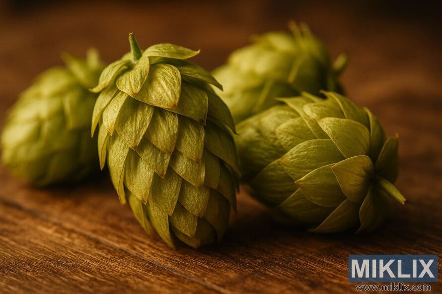 Naby-opname van vars Bravo-hopbolle op 'n rustieke houtoppervlak met warm beligting.