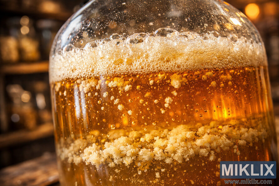 Close-up of a glass fermentation vessel filled with golden beer, active bubbles rising to a foamy cap, yeast clumps suspended in the liquid, and sediment settled at the bottom against a warm, rustic brewery background.