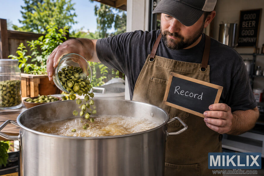 Homebrewer in a canvas apron pours green Record hops from a glass bowl into a large stainless-steel kettle of boiling amber wort in a bright outdoor homebrewing workspace. Homebrewer in a canvas apron pours green Record hops from a glass bowl into a large stainless-steel kettle of boiling amber wort in a bright outdoor homebrewing workspace.