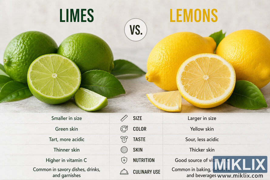 A landscape comparison infographic showing limes on the left and lemons on the right with whole and sliced citrus fruits, green leaves, a central versus symbol, and a table summarizing differences in size, color, taste, skin, nutrition, and common culinary uses.