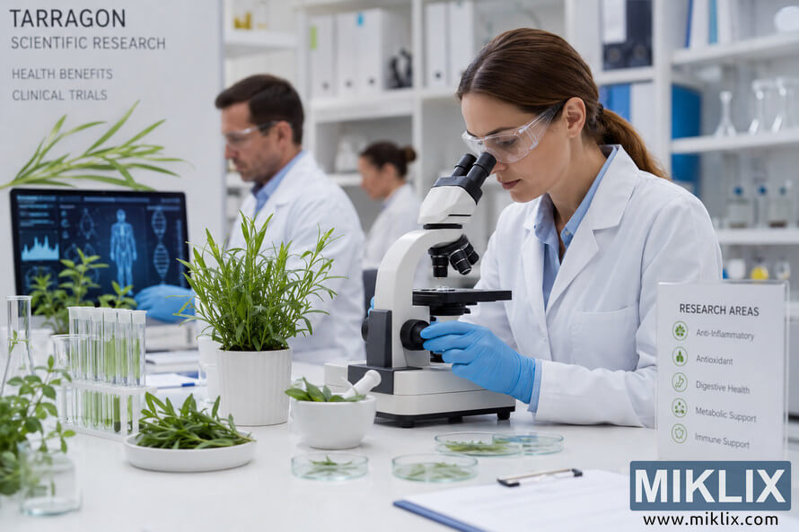 Modern scientific laboratory where researchers study the health benefits of tarragon through clinical trials using microscopes, botanical samples, laboratory glassware, and digital health analysis tools in a bright clinical environment. Modern scientific laboratory where researchers study the health benefits of tarragon through clinical trials using microscopes, botanical samples, laboratory glassware, and digital health analysis tools in a bright clinical environment.