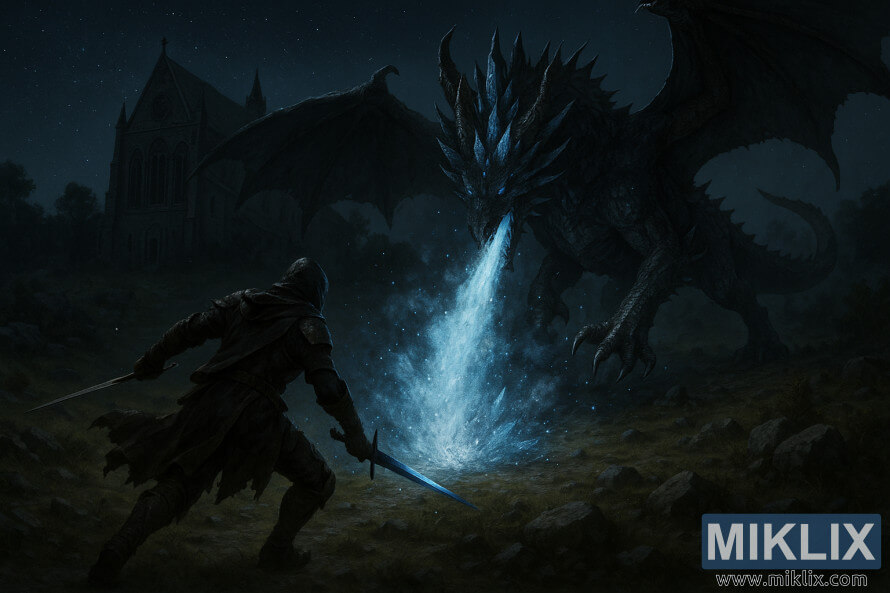 Isang dinamiko at makatotohanang eksena ng pantasya ng Tarnished sa kalagitnaan ng laban, na sumusugod patungo sa Glintstone Dragon na si Adula habang naglalabas ito ng asul na hininga ng glintstone malapit sa guhong Katedral ng Manus Celes sa gabi.