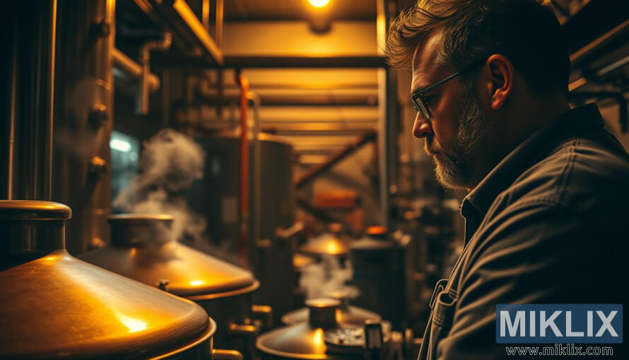 Il birraio controlla l'aggiunta del luppolo accanto a una caldaia di rame incandescente in una sala di cottura scarsamente illuminata, con vapore e recipienti in acciaio inossidabile.