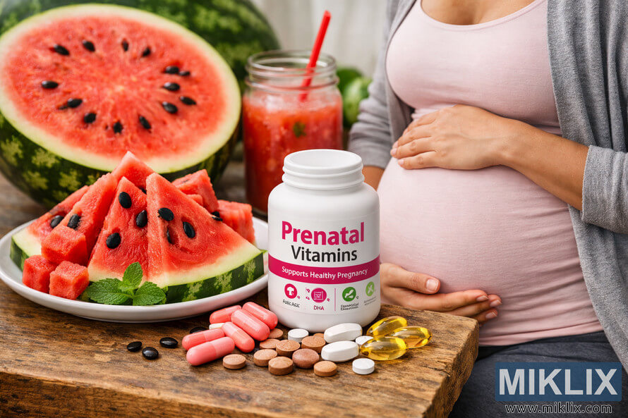 Landscape photo of a pregnant woman gently cradling her belly beside a rustic wooden surface displaying a generic prenatal vitamins bottle, scattered capsules and tablets, a plate of fresh watermelon slices, a halved watermelon, a jar of watermelon juice, and a small bowl of chia seeds, illustrating the connection between prenatal supplements and watermelon nutrition for pregnancy health. Landscape photo of a pregnant woman gently cradling her belly beside a rustic wooden surface displaying a generic prenatal vitamins bottle, scattered capsules and tablets, a plate of fresh watermelon slices, a halved watermelon, a jar of watermelon juice, and a small bowl of chia seeds, illustrating the connection between prenatal supplements and watermelon nutrition for pregnancy health.