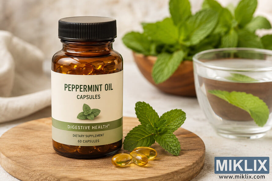 Amber glass bottle filled with peppermint oil capsules displayed on a wooden board beside fresh mint leaves and a glass of water in a natural wellness setting focused on digestive health. Amber glass bottle filled with peppermint oil capsules displayed on a wooden board beside fresh mint leaves and a glass of water in a natural wellness setting focused on digestive health.