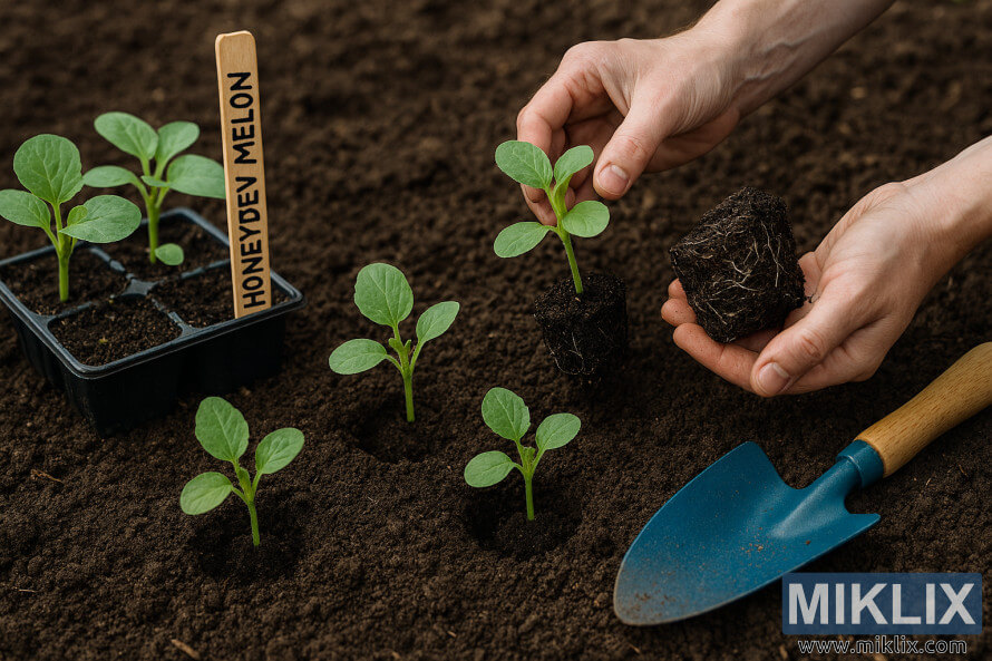 Gardener transplanting honeydew melon seedlings into garden soil with tray and trowel Gardener transplanting honeydew melon seedlings into garden soil with tray and trowel