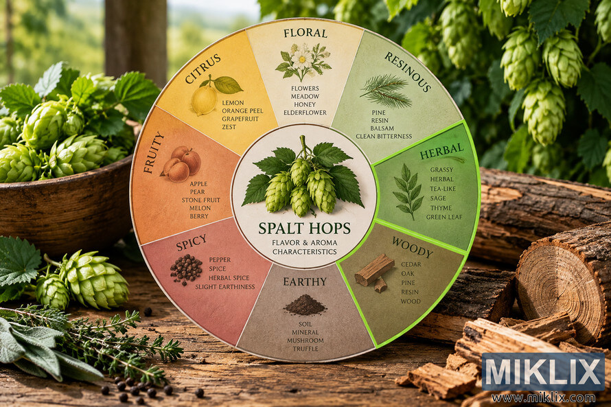 Landscape sensory analysis wheel for Spalt hops on a rustic wooden table, surrounded by fresh hop cones, herbs, foliage, bark, and cut wood. The circular flavor and aroma chart includes floral, resinous, herbal, woody, earthy, spicy, fruity, and citrus categories, with the herbal and woody sections prominently highlighted by bright green borders. Landscape sensory analysis wheel for Spalt hops on a rustic wooden table, surrounded by fresh hop cones, herbs, foliage, bark, and cut wood. The circular flavor and aroma chart includes floral, resinous, herbal, woody, earthy, spicy, fruity, and citrus categories, with the herbal and woody sections prominently highlighted by bright green borders.
