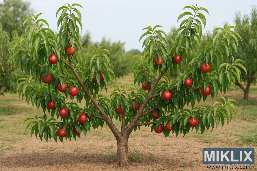 Nectarine tree with open-center pruning structure in a sunlit orchard