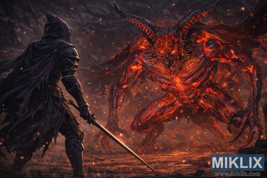 Anime-stil fan art af en mÃ¸rk pansret kriger, der stÃ¥r over for en massiv, ildfuld dÃ¦mon i en hule Ã¸jeblikke fÃ¸r kamp.