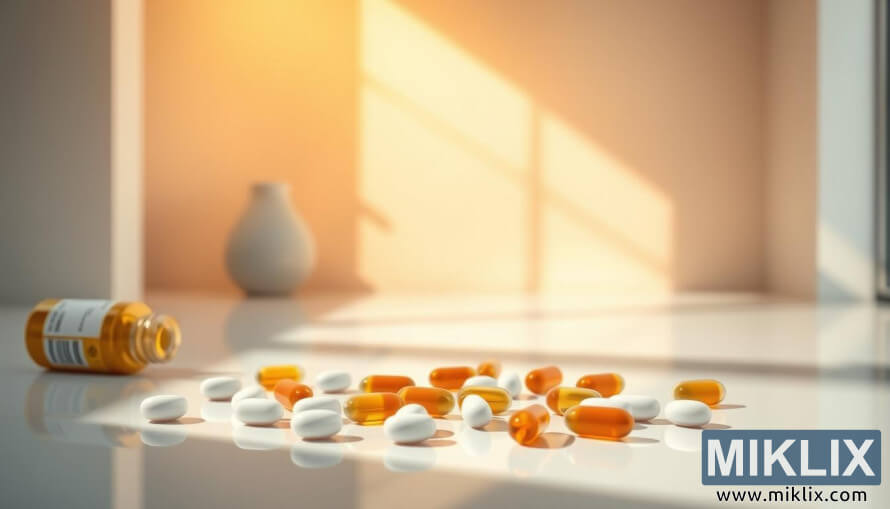 CÃ¡psulas y comprimidos de taurina dispuestos sobre una superficie reflectante limpia bajo una luz suave.