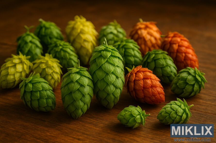 Nordgaard hops with other vibrant hop varieties arranged on a wooden table in warm golden light.