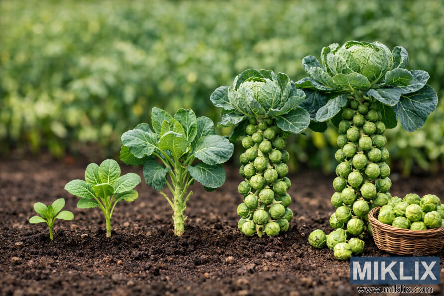 Landskapfoto wat spruitkoolgroeistadiums wys van klein saailinge tot volwasse plante met geoeste spruite in 'n mandjie