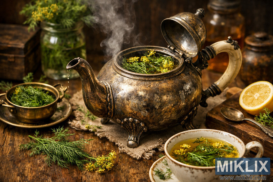 A vintage silver teapot with ornate detailing sits on an aged wooden table, steaming with freshly brewed dill tea. Surrounding it are dill sprigs, a brass strainer, a halved lemon, and a porcelain teacup filled with golden dill tea. A vintage silver teapot with ornate detailing sits on an aged wooden table, steaming with freshly brewed dill tea. Surrounding it are dill sprigs, a brass strainer, a halved lemon, and a porcelain teacup filled with golden dill tea.