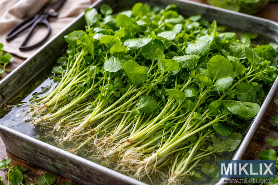 Freshly harvested watercress with roots submerged in clear water inside a rustic metal tray.