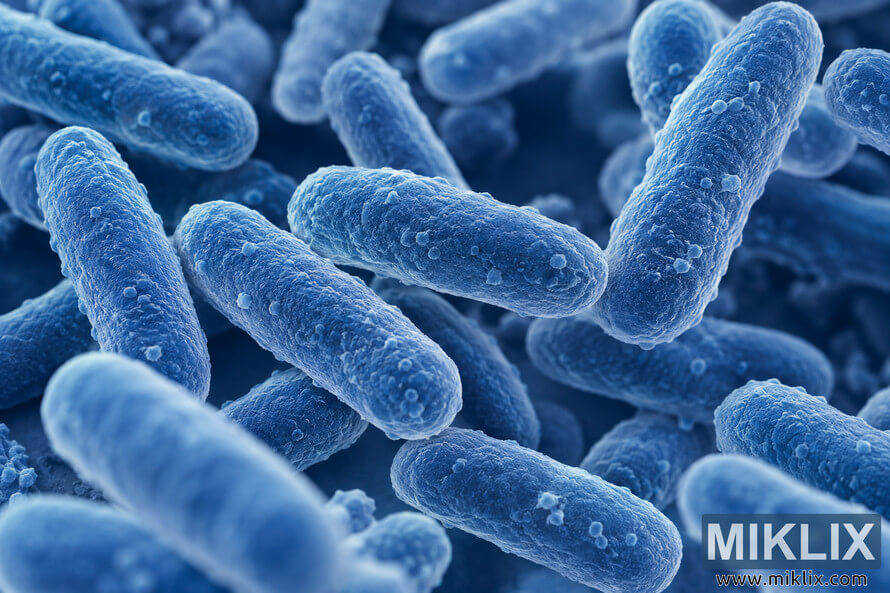 Microscopic-style close-up of blue, rod-shaped Lactobacillus brevis bacteria with textured surfaces and a shallow depth of field.