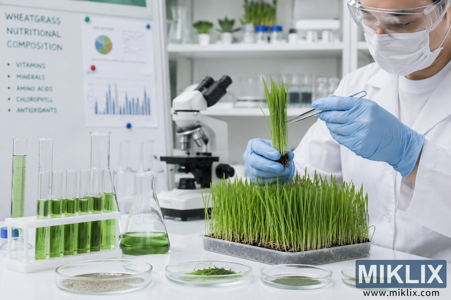 Scientist in a modern laboratory examining fresh wheatgrass samples beside microscopes, green liquid test tubes, and nutritional research charts focused on wheatgrass health properties. Scientist in a modern laboratory examining fresh wheatgrass samples beside microscopes, green liquid test tubes, and nutritional research charts focused on wheatgrass health properties.