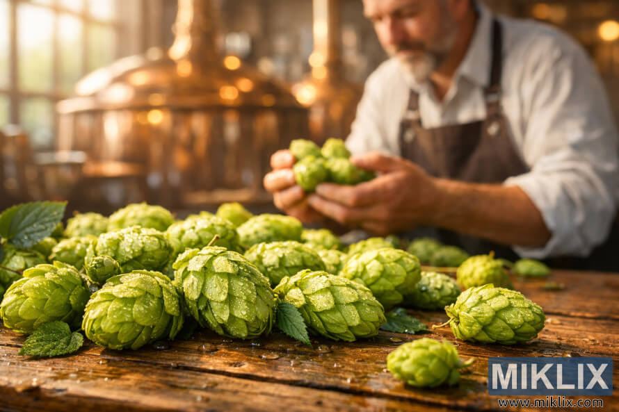 Close-up of fresh green hop cones with morning dew on a wooden table as an artisan brewer examines hops inside a warm, copper-filled brewery.