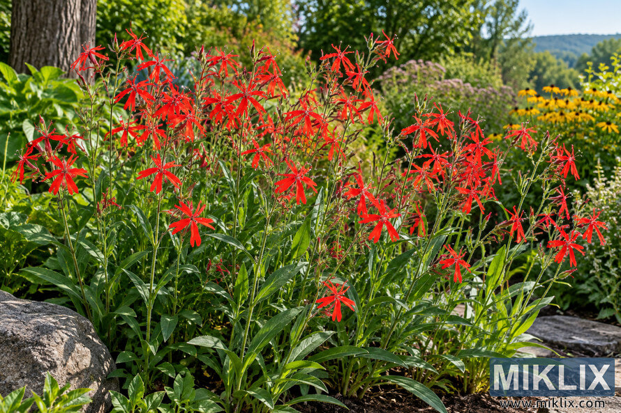 Dense red Fire Pink flowers growing on tall green stems in a sunny garden with rocks, lush foliage, yellow flowers, trees, and a distant ridge.
