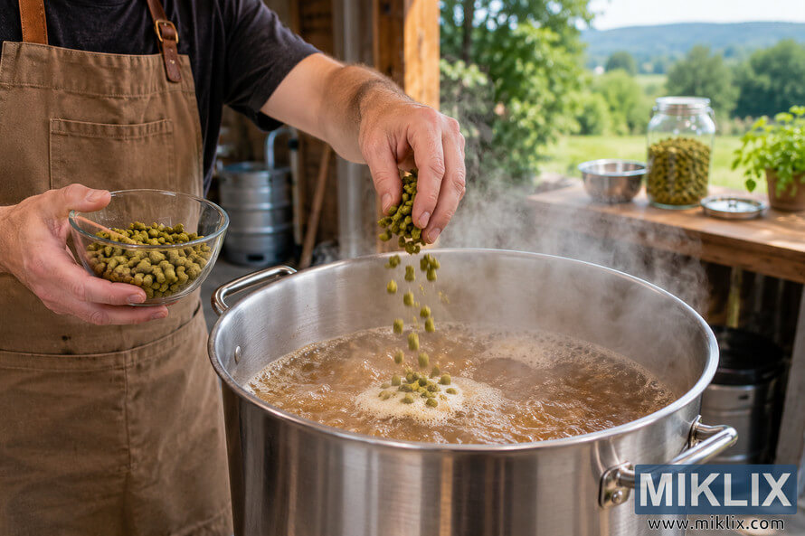 Homebrewer wearing a tan apron sprinkles green hop pellets from a glass bowl into a large stainless-steel kettle of vigorously boiling amber wort, with steam rising in a rustic outdoor brewing workspace. Homebrewer wearing a tan apron sprinkles green hop pellets from a glass bowl into a large stainless-steel kettle of vigorously boiling amber wort, with steam rising in a rustic outdoor brewing workspace.