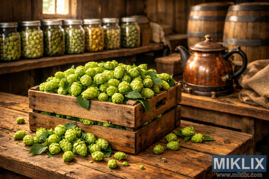 Rustic wooden brewery storage room with fresh green hop cones in a crate, glass jars of hop varieties on shelves, a copper brewing kettle, and wooden barrels under warm sunlight.