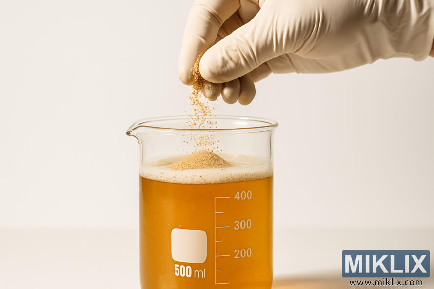 MÃ£o enluvada de cervejeiro adicionando fermento seco em um bÃ©quer com mosto dourado.