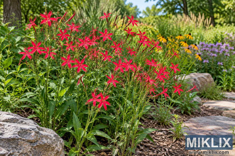 Vivid red Fire Pink-like flowers growing among native plants, rocks, yellow and purple blooms, and a natural stone garden path.