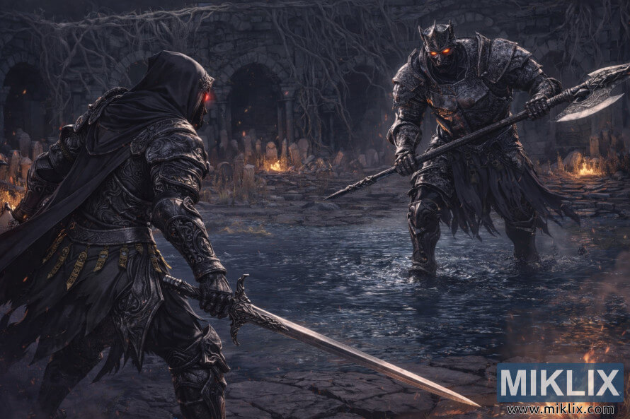 ArtÄ Ã®n stil anime cu un rÄzboinic cu glugÄ Ã®n armurÄ de umbrÄ care îl înfruntÄ pe campionul Gundyr cu o halebardÄ Ã®ntr-o arenÄ de piatrÄ Ã®n ruine, chiar înainte de luptÄ. ArtÄ Ã®n stil anime cu un rÄzboinic cu glugÄ Ã®n armurÄ de umbrÄ care îl înfruntÄ pe campionul Gundyr cu o halebardÄ Ã®ntr-o arenÄ de piatrÄ Ã®n ruine, chiar înainte de luptÄ.