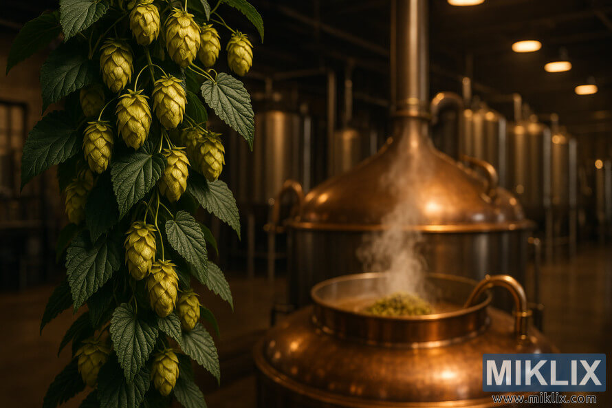 African Queen hop bines with green leaves and golden cones beside a copper brew kettle in a modern brewhouse. African Queen hop bines with green leaves and golden cones beside a copper brew kettle in a modern brewhouse.