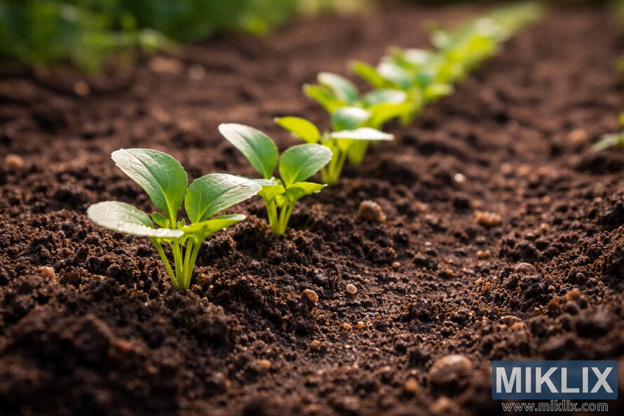 Close-up of young turnip seedlings sprouting from dark soil in a garden row with soft natural light