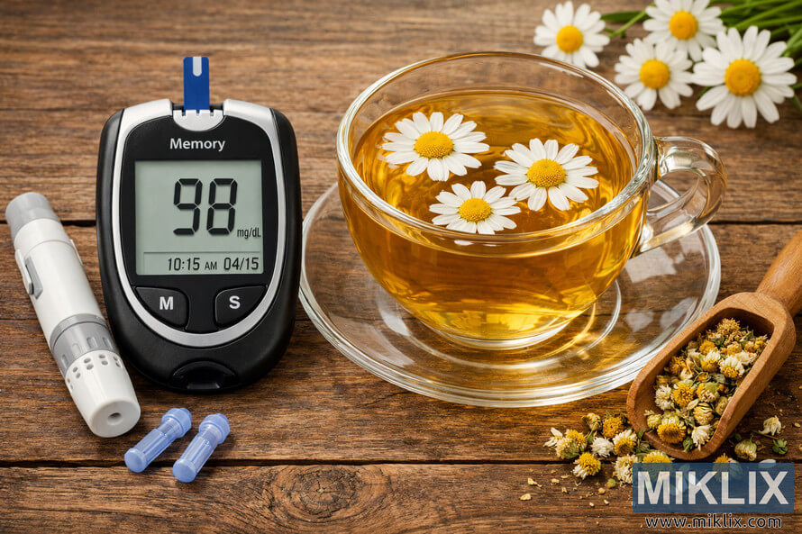 A blood glucose meter displaying a reading of 98 mg/dL sits next to a clear glass cup of chamomile tea with floating white flowers on a rustic wooden surface.