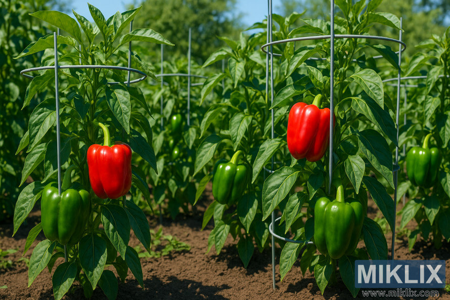 Healthy bell pepper plants with red and green peppers growing in a sunny garden supported by metal cages.