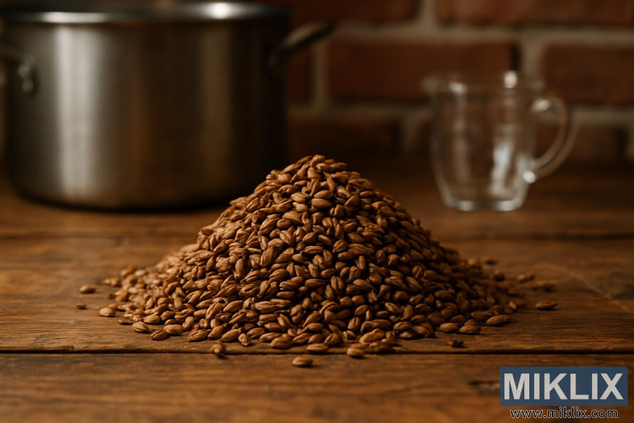 Posnetek od blizu majhnega kupa blagih zrn slada za pivo na leseni mizi z zamegljeno opremo za pivovarstvo v ozadju.