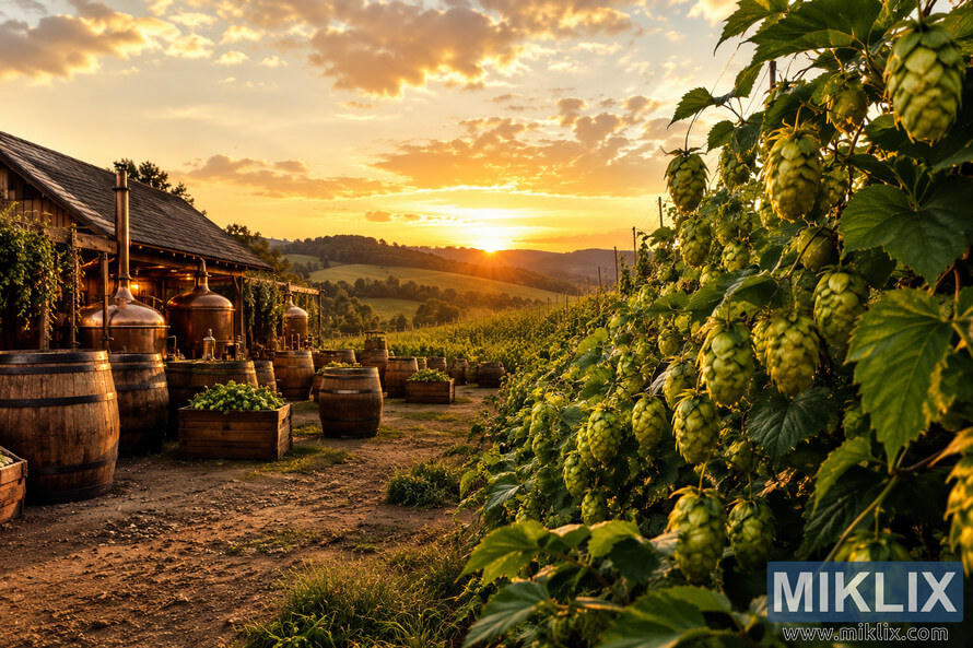 Wide-angle landscape showing lush green hop vines with vibrant hop cones in the foreground, a rustic brewery with wooden barrels and traditional copper brewing equipment in the middle ground, and rolling hills beneath a golden sunset, creating a peaceful atmosphere that celebrates hop cultivation and traditional brewing craftsmanship. Wide-angle landscape showing lush green hop vines with vibrant hop cones in the foreground, a rustic brewery with wooden barrels and traditional copper brewing equipment in the middle ground, and rolling hills beneath a golden sunset, creating a peaceful atmosphere that celebrates hop cultivation and traditional brewing craftsmanship.