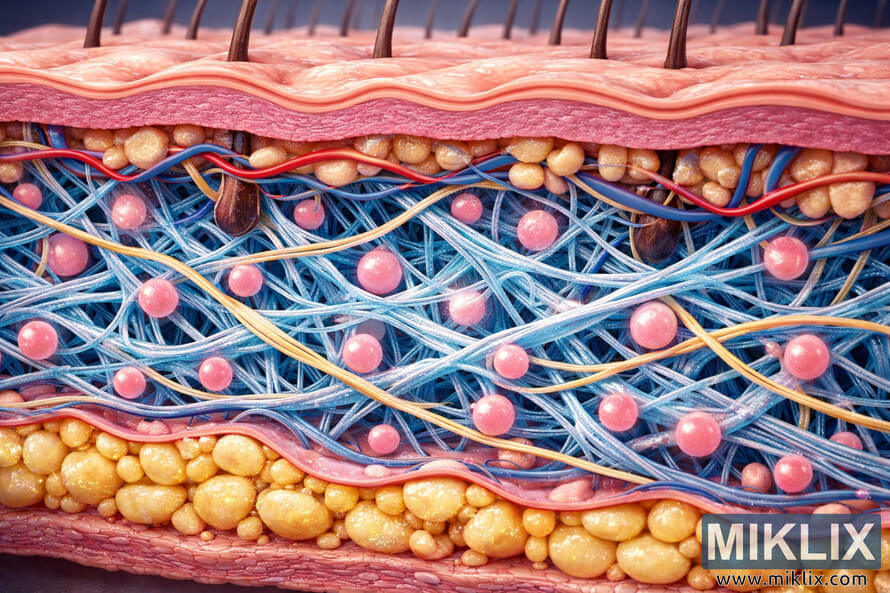 Highly detailed 3D cross-sectional illustration of human skin layers showing the collagen matrix within the dermis, including epidermis, dermis, collagen fibers, and subcutaneous fat cells. Highly detailed 3D cross-sectional illustration of human skin layers showing the collagen matrix within the dermis, including epidermis, dermis, collagen fibers, and subcutaneous fat cells.