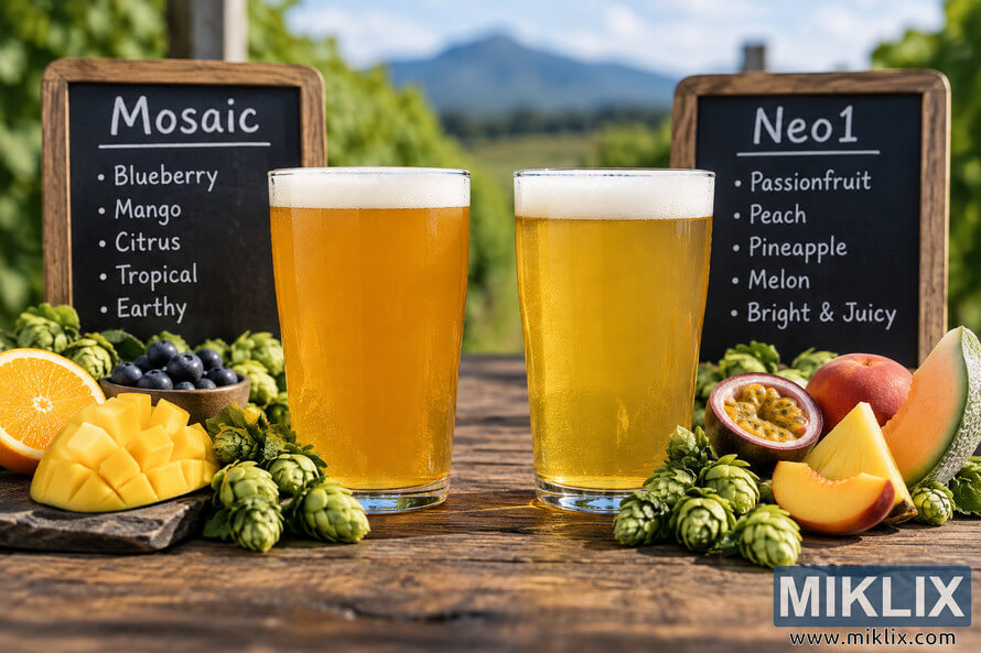 Two golden beers side by side on a rustic table, comparing Mosaic and Neo1 hop character with fresh hop cones, fruit, and tasting notes.