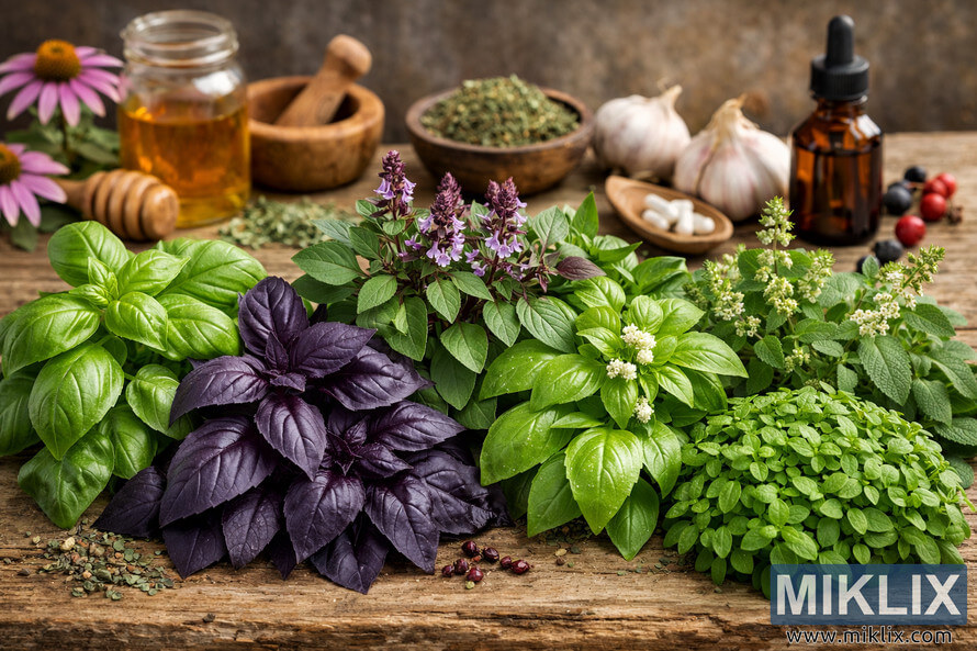 Assorted basil varieties arranged on rustic wood with honey, herbs, garlic, and supplements suggesting natural immune support.