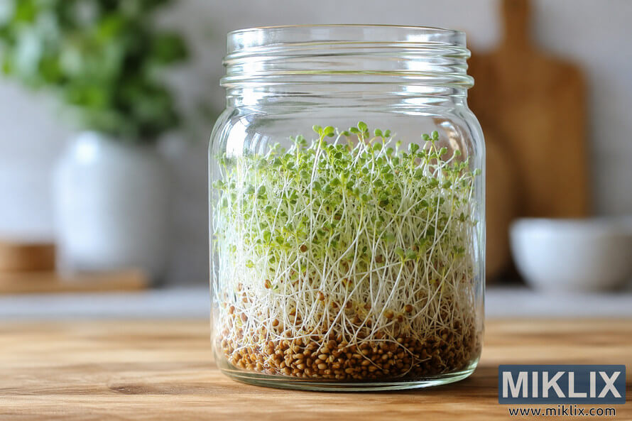 Close-up of fresh alfalfa sprouts growing inside a clear glass jar on a wooden countertop, showing different stages of the sprouting process with visible seeds, white roots, and green leaves in soft natural light.