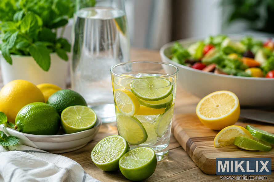 A bright landscape photo showing a glass of chilled citrus-infused water surrounded by fresh limes, lemons, mint, a wooden cutting board, and a healthy salad in the softly blurred background, illustrating hydration and a healthy lifestyle.