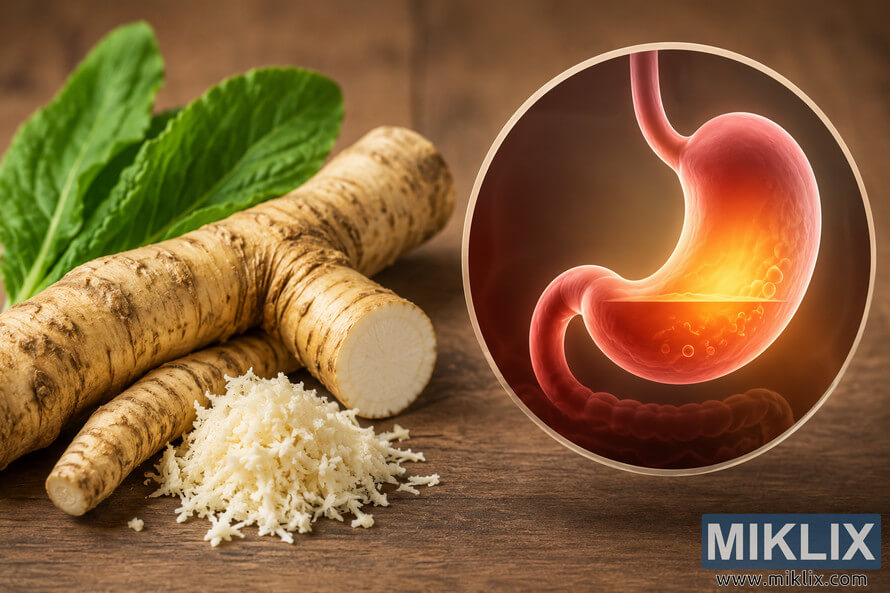 Landscape-oriented digestive health concept image featuring fresh horseradish roots, grated horseradish, green leaves, and a glowing anatomical stomach illustration on a wooden background.