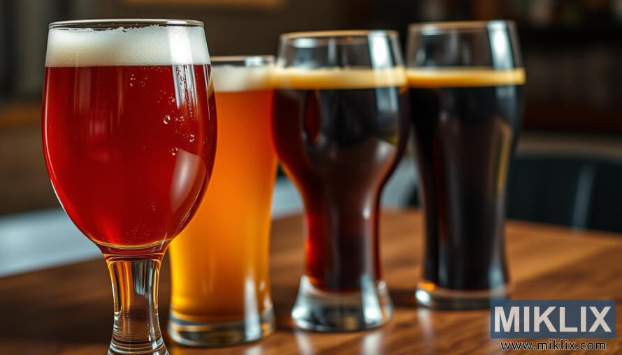 Verschiedene Roggenbiere in unterschiedlichen GlÃ¤sern auf einem Holztisch, bernstein- bis mahagonifarben.