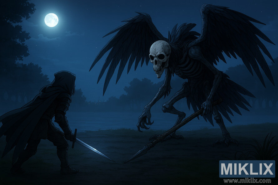 Fan art in stile anime dell'armatura Tarnished in Black Knife che affronta uno scheletrico Deathbird che brandisce un bastone al chiaro di luna Fan art in stile anime dell'armatura Tarnished in Black Knife che affronta uno scheletrico Deathbird che brandisce un bastone al chiaro di luna