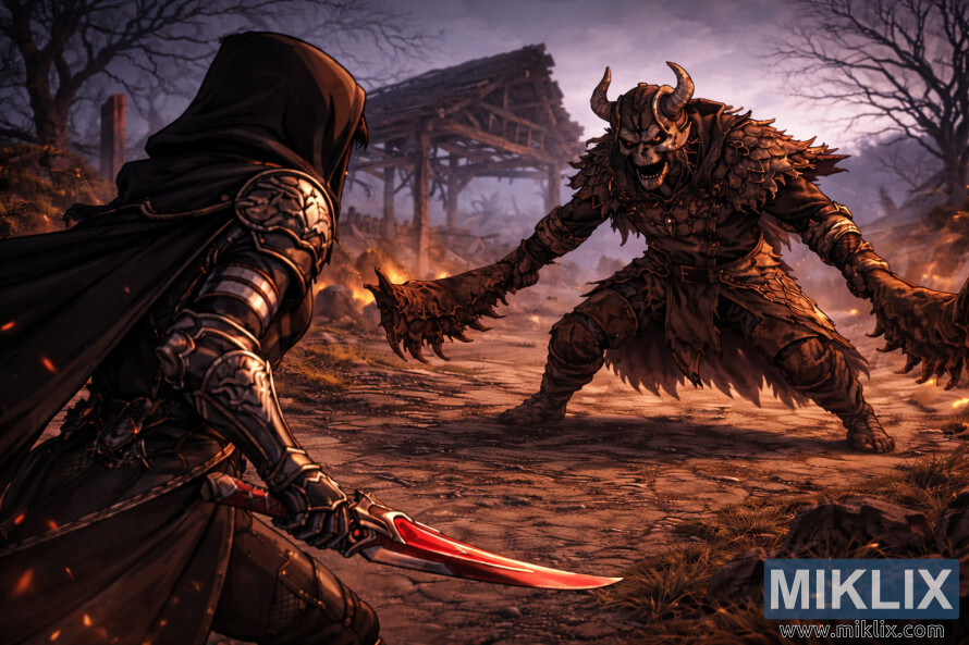 Arte de fÃ£ em estilo anime mostrando o Maculado de costas Ã  esquerda enquanto o Assassino de PressÃ¡gios se aproxima em curta distÃ¢ncia na Vila dos AlbinaÃºricos.