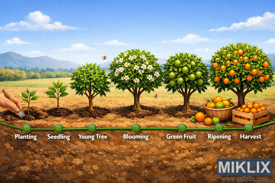 Illustrated timeline showing orange tree growth stages from planting a sapling to harvesting ripe oranges in an orchard setting.