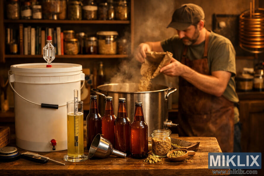 Homebrewer pouring grains into a steaming kettle beside fermentation tools and bottled beer in a cozy, warmly lit homebrew setup.